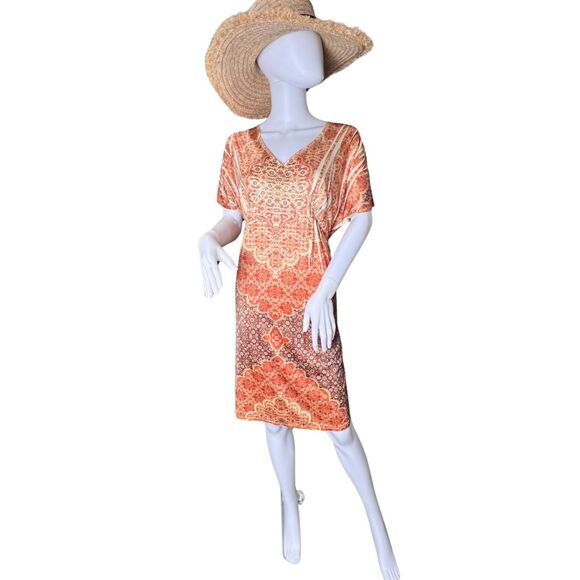 Cato Dresses & Skirts - Cato Day Dress L Coral Cream Orange Floral Mandala Casual Festival Boho Dress